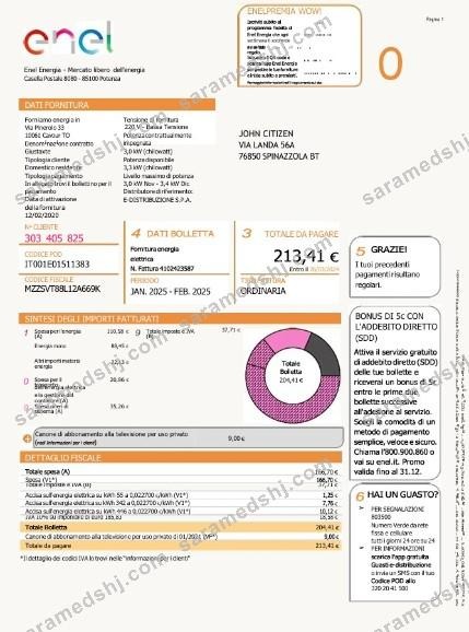 Italy Enel Energia utility bill Word and PDF template
